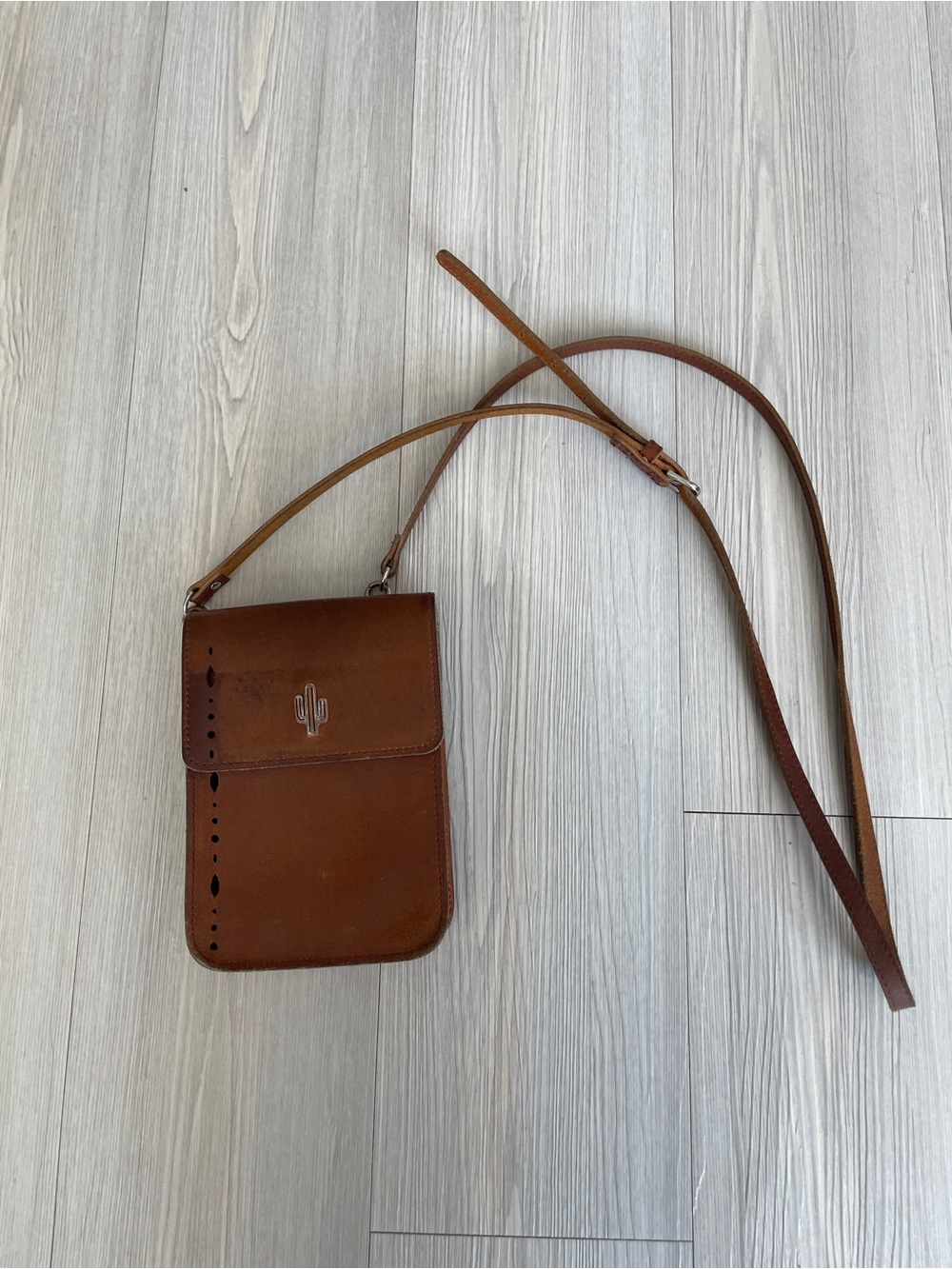 Brown Leather Crossbody Phone Bag with Cactus Detail